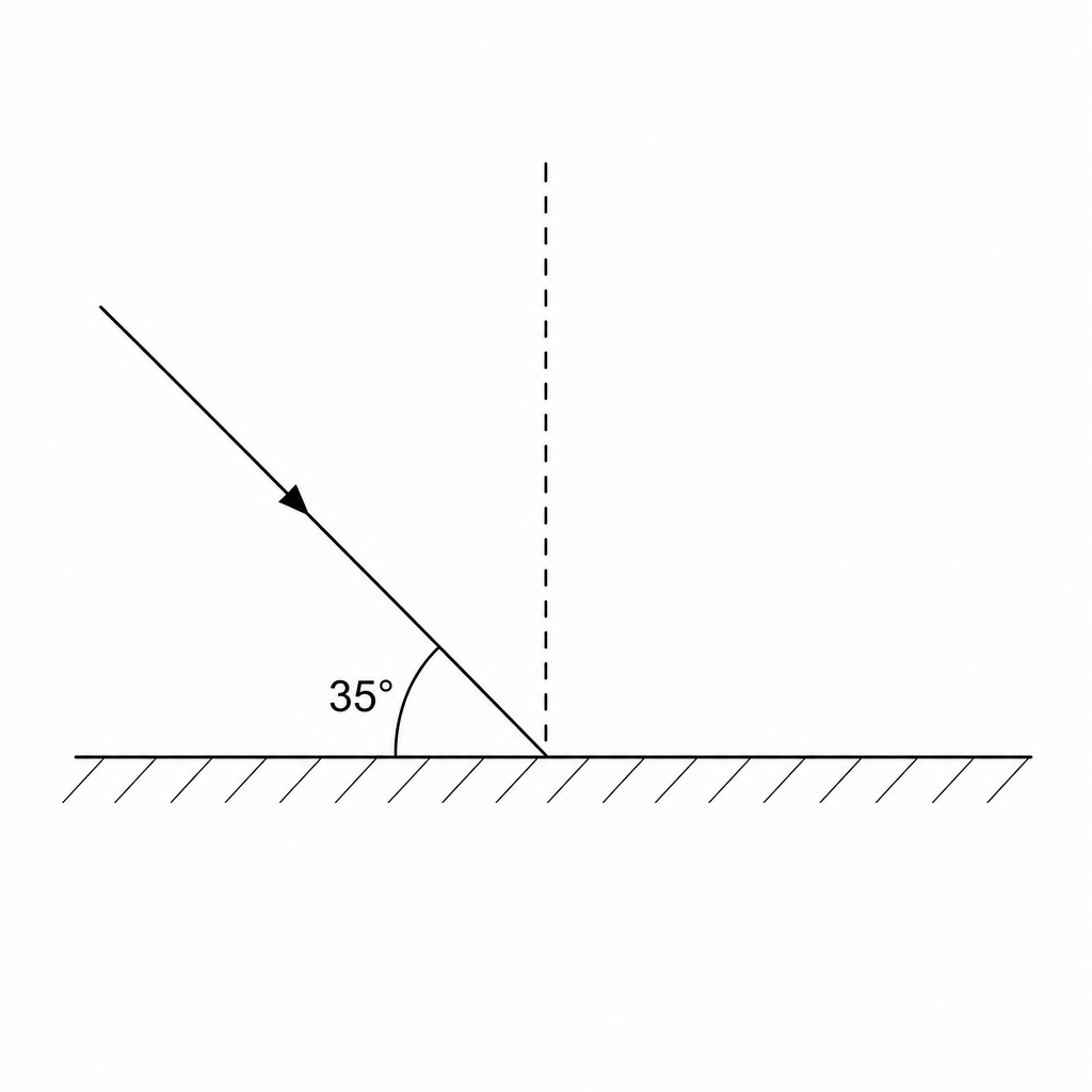 A light ray is incident on a horizontal plane mirror. The angle between the incident ray and the mirror surface is marked as 35 degrees. A normal line is shown perpendicular to the mirror surface at the point of incidence.