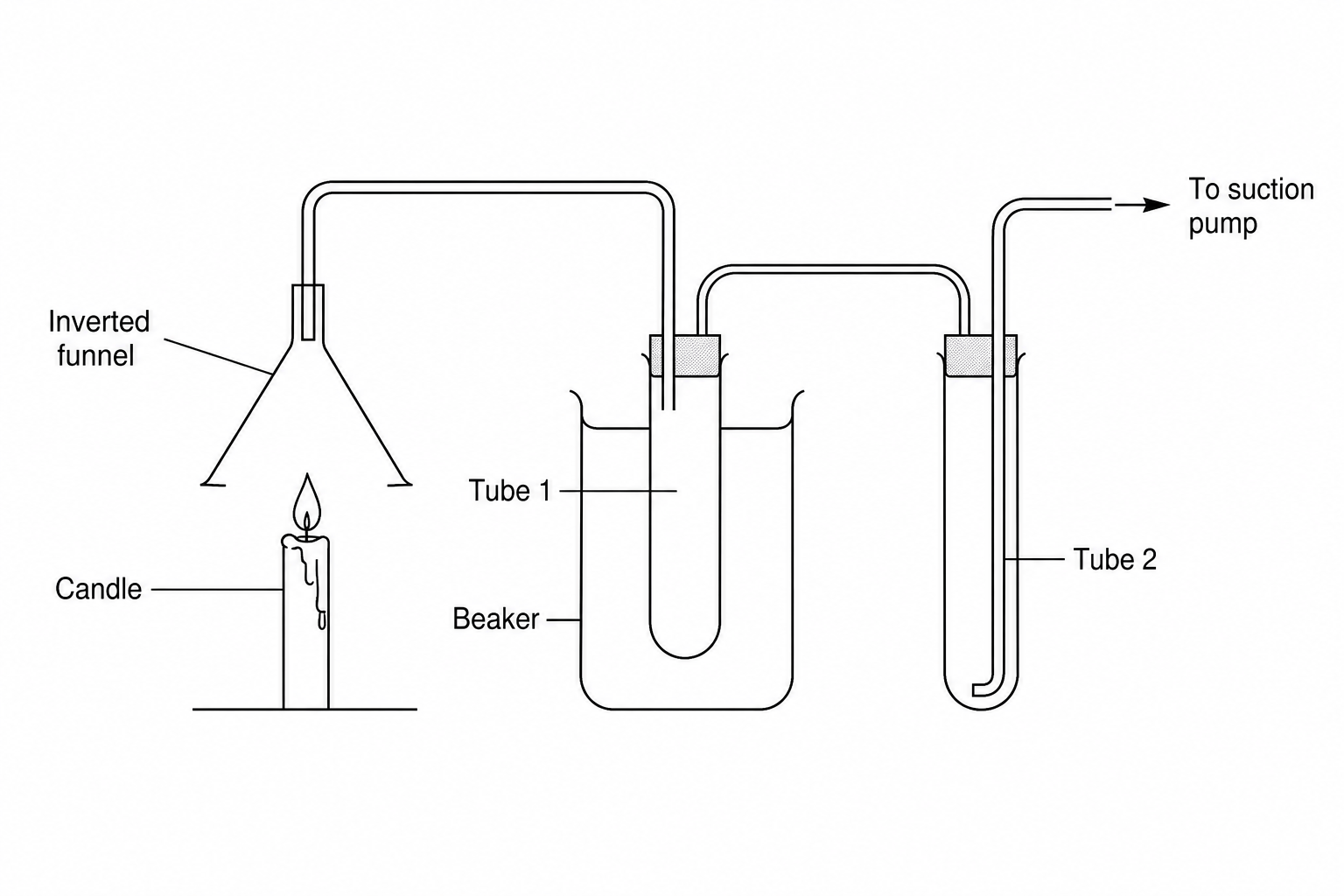 Experimental setup to collect and test combustion products of a candle. An inverted funnel is held over a candle flame. The stem of the funnel is connected by a delivery tube to Tube 1, which sits inside an empty beaker. A second delivery tube goes from Tube 1 into Tube 2, dipping below the surface of a liquid. A third tube connects the space above the liquid in Tube 2 to a suction pump to draw the combustion gases through the system.