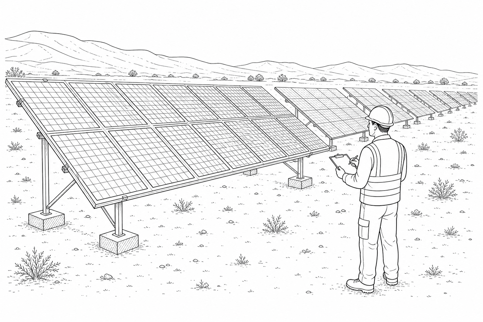 A technician inspecting solar panels at Bhadla Solar Park in Rajasthan, India.