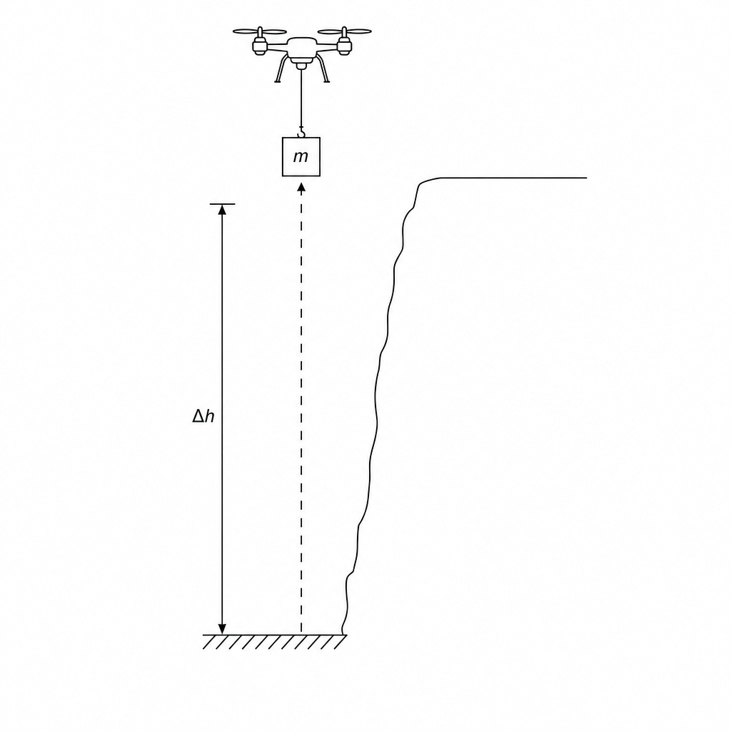 A schematic diagram of a drone lifting a cargo package vertically up a cliffside, showing height difference delta h and package mass m.
