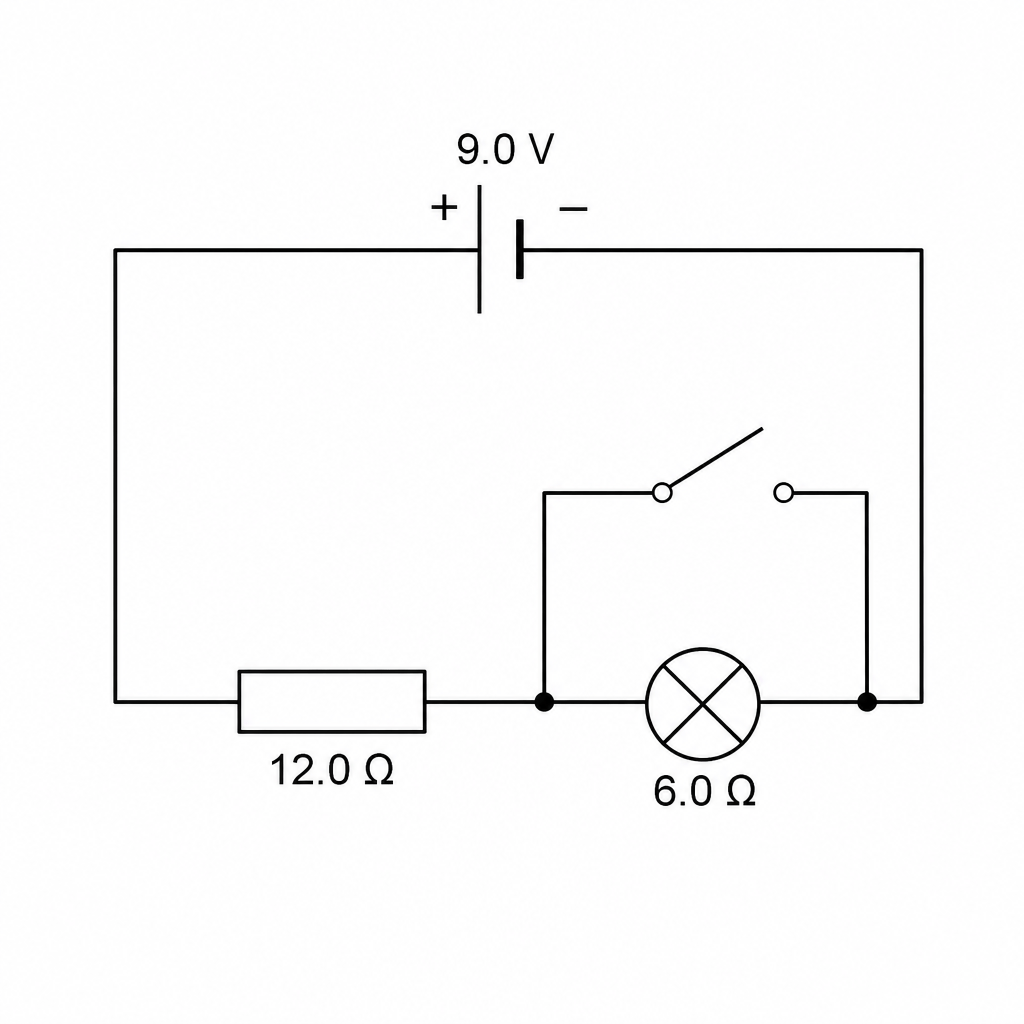 A schematic diagram of an electrical circuit. At the top, there is a 9.0 V battery. The circuit is a single loop. From the battery, the wire goes down to the left, passes through a resistor on the bottom-left wire, and then continues to a lamp on the bottom-right wire. There is a switch connected in parallel across the lamp, shown in an open position.