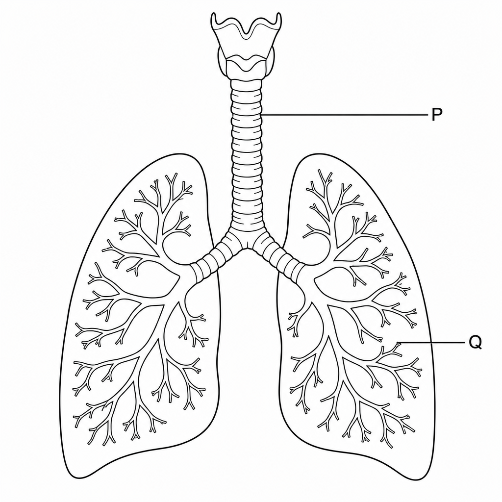 A diagram of the human respiratory system. Label P points to the trachea and label Q points to a bronchiole branching off within the lung.
