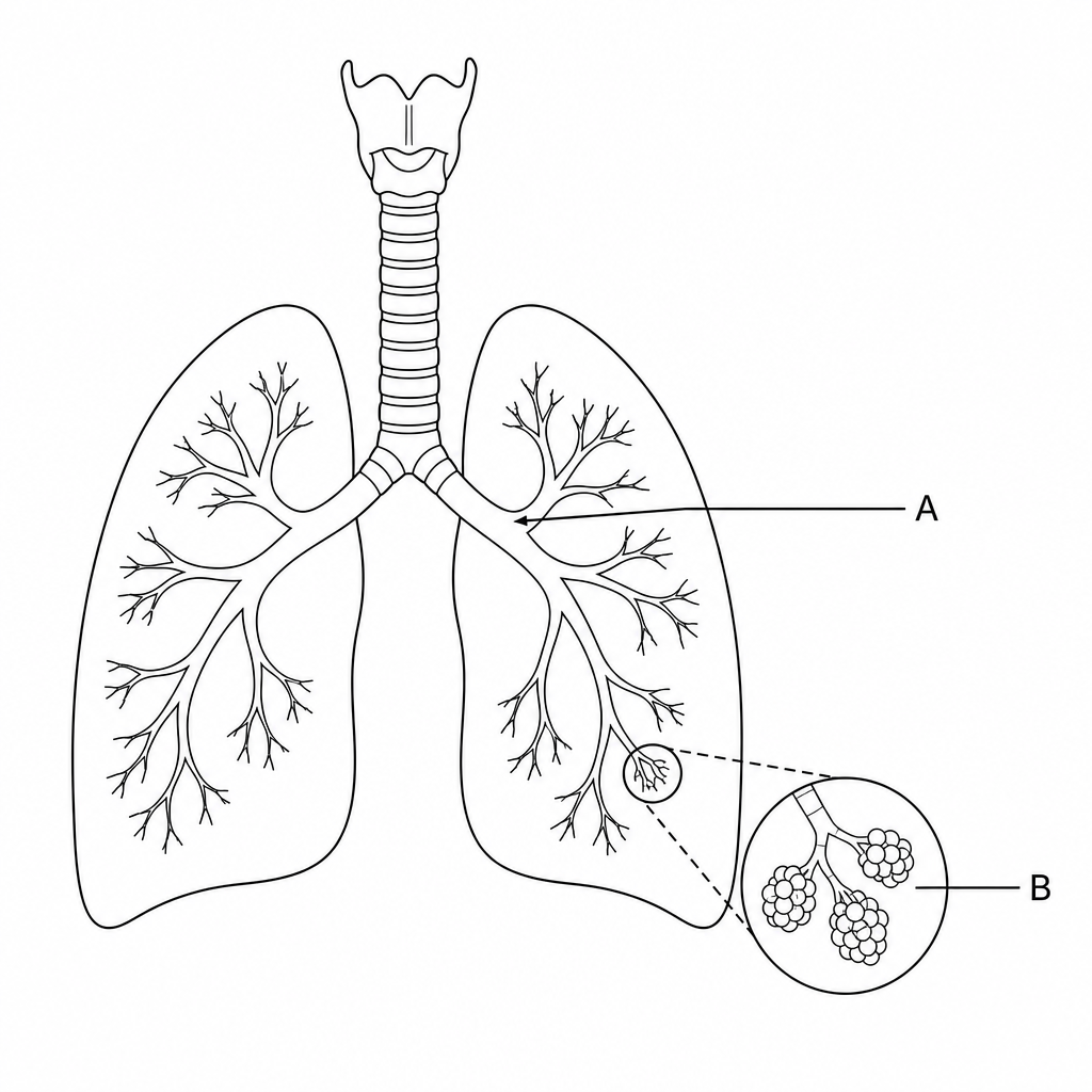 A diagram of the human respiratory system. Label A points to one of the two bronchus airways branching off the trachea. Label B points to the tiny clustered air sacs (alveoli) at the end of the bronchioles inside the lung.