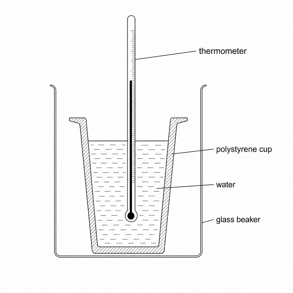 Diagram showing a thermometer resting inside a polystyrene cup containing water, placed inside a protective glass beaker.