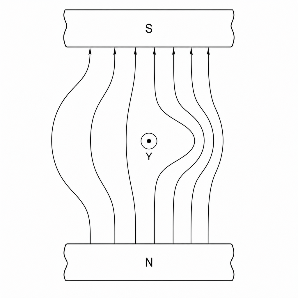 A wire cross-section labeled Y with a dot in the center, representing current flowing out of the page. The wire is positioned vertically between a South (S) pole on the top and a North (N) pole on the bottom. The magnetic field lines are shown. On the right side of the wire, the field lines are closely spaced and curve outwards to the right. On the left side of the wire, the field lines are much further apart and bend slightly around the left side of the wire, creating a region of weaker field to the left.