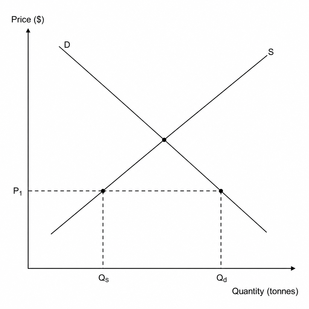 Supply and demand diagram for basic wheat flour with a maximum price set at P1