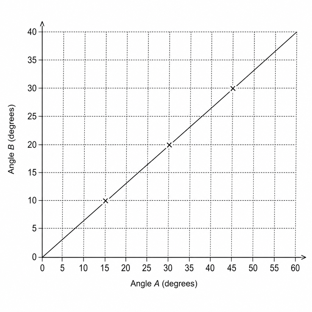 Figure 3: A line graph of angle B against angle A. The vertical y-axis is labeled 'Angle B (degrees)' and goes from 0 to 40 in grid increments of 5. The horizontal x-axis is labeled 'Angle A (degrees)' and goes from 0 to 60 in grid increments of 5. A straight line of best fit starts at the origin (0,0) and passes exactly through the points (15, 10), (30, 20), and (45, 30).
