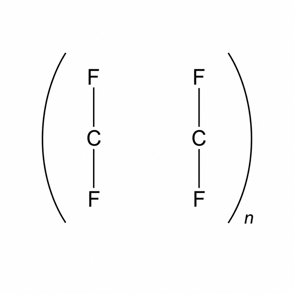 Incomplete repeating unit diagram for poly(tetrafluoroethene), showing two carbon atoms inside curved brackets with a subscript 'n' on the bottom right. Each carbon atom has single bonds leading upwards and downwards to fluorine atoms, but there is no bond shown between the two carbon atoms, nor are there any horizontal bonds extending outwards through the brackets on either side.
