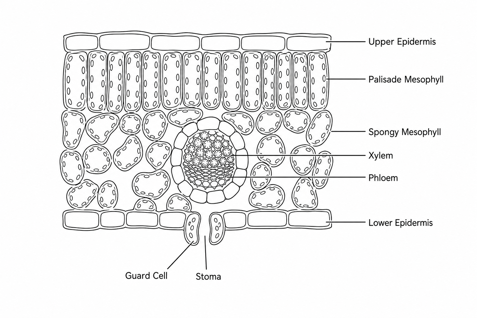 Cross-section of a leaf showing its tissue layers