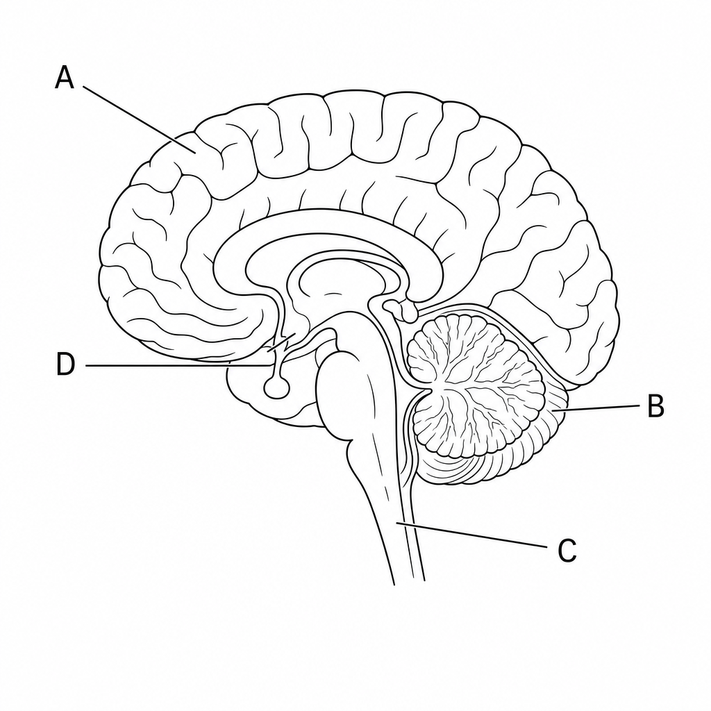 Diagram of a sagittal section of the human brain with labels A, B, C, and D pointing to different structures.