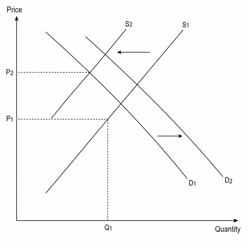 A supply and demand diagram showing an initial equilibrium where demand curve D1 and supply curve S1 intersect at price P1 and quantity Q1. An increase in demand shifts the demand curve right to D2. A decrease in supply (due to rising costs) shifts the supply curve left to S2. The new equilibrium is at a higher price P2.