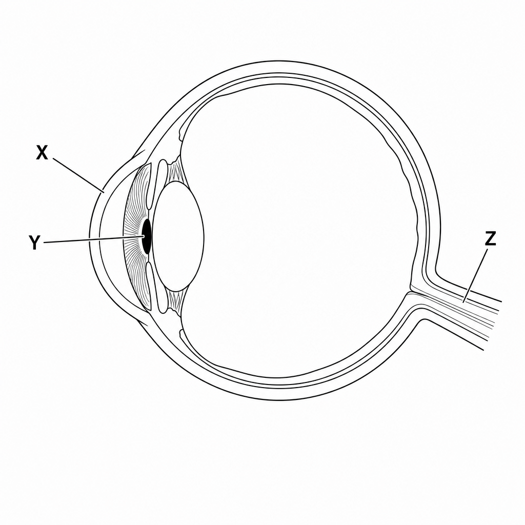 A cross-section diagram of the human eye showing labeled pointer lines X, Y, and Z.