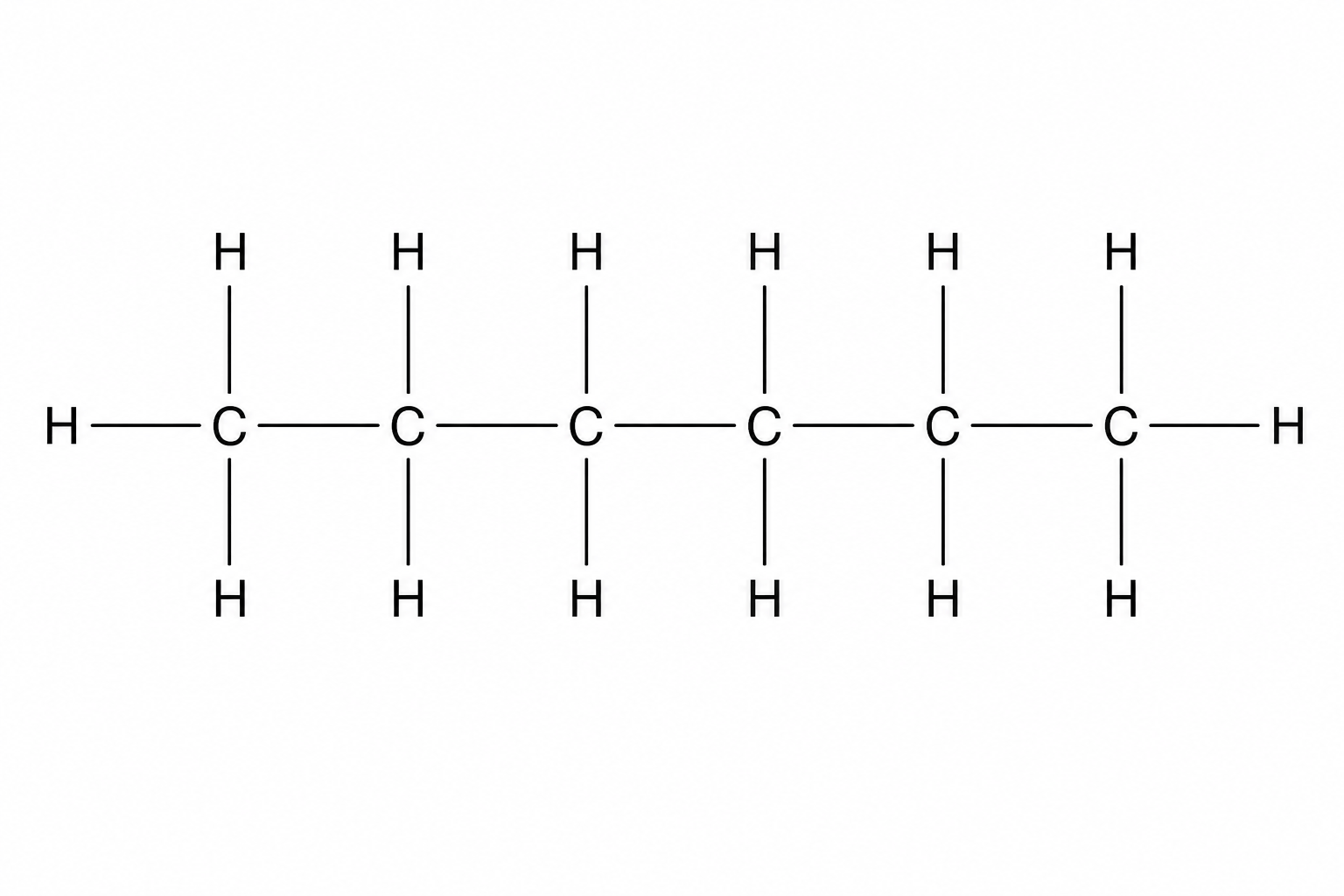 The displayed formula of hexane, showing a straight horizontal line of six Carbon (C) atoms.