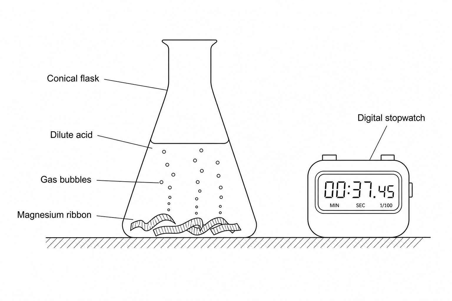 Experimental setup with a conical flask on a bench containing dilute sulfuric acid and magnesium ribbon, with gas bubbles rising, and a digital stopwatch next to it