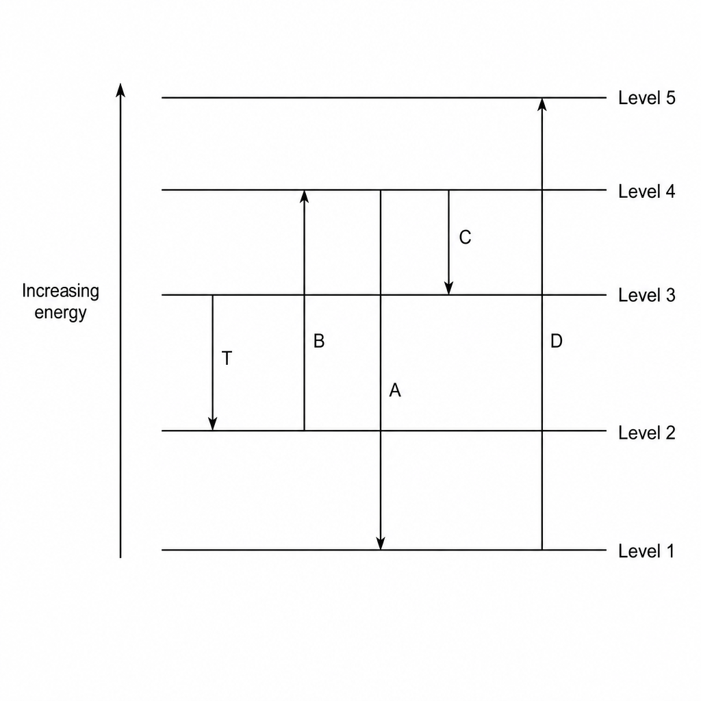 Energy level diagram with five horizontal lines representing atomic energy levels