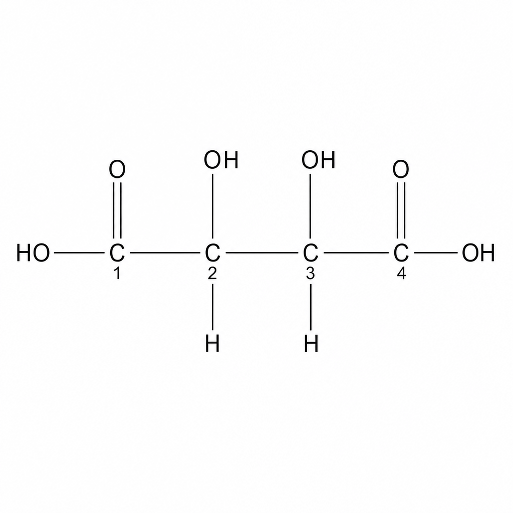 Chemical structure of H2Y (tartaric acid). It consists of a 4-carbon chain. Carbon-1 and Carbon-4 are carboxyl groups (COOH). Carbon-2 and Carbon-3 each have a hydroxyl group (OH) and a hydrogen atom attached.