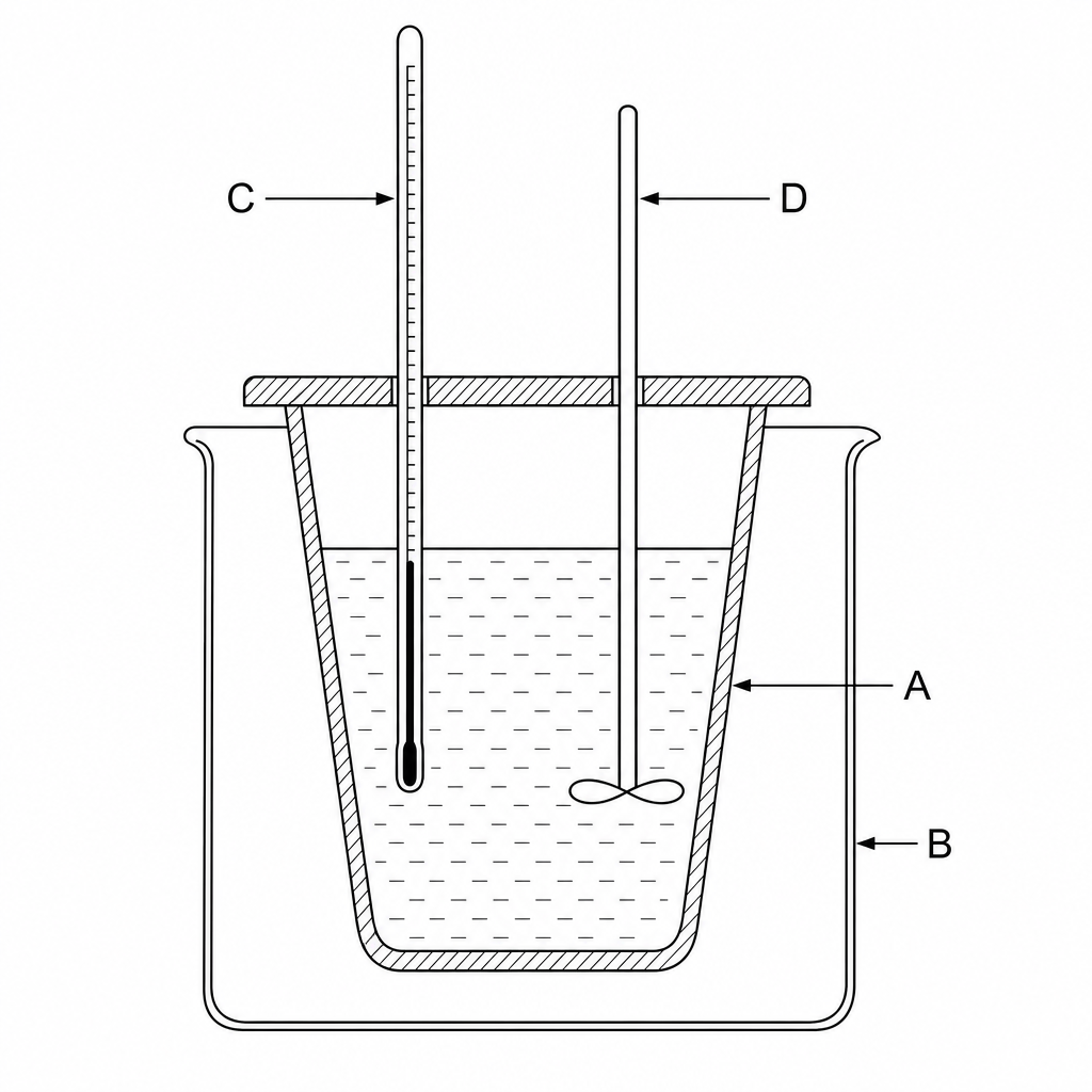 A diagram of a simple calorimetry setup showing a polystyrene cup (A) inside a glass beaker (B), with a thermometer (C) and stirrer (D).