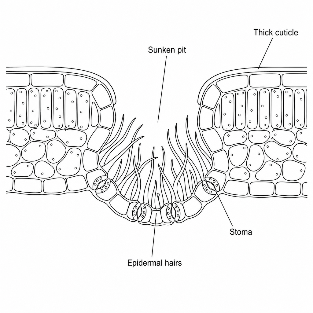 Cross-section of a xerophytic leaf showing a sunken stomatal pit with hairs