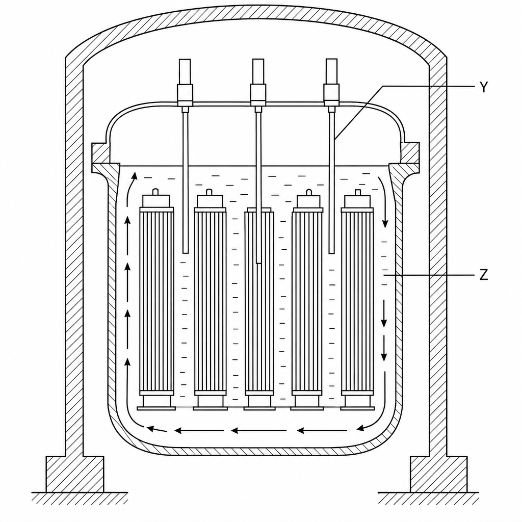 A schematic cross-section of a nuclear fission reactor core. It shows vertical fuel assemblies containing uranium fuel. Adjustable rods labeled Y are shown partially inserted between the fuel assemblies. The entire inner chamber surrounding the fuel assemblies and rods Y is filled with a medium labeled Z, with arrows indicating the circulation of a fluid. The outer boundary is a thick containment vessel.
