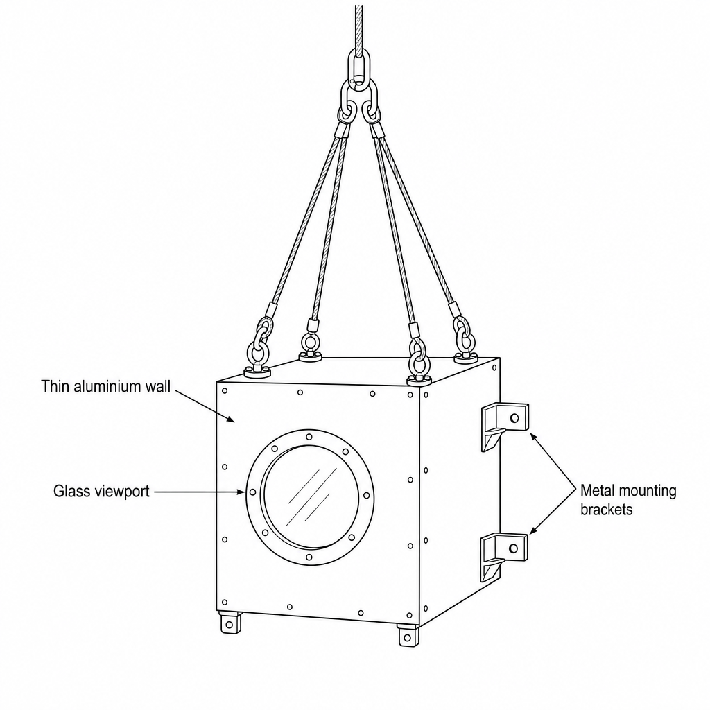 A high-altitude scientific instrument gondola with thin aluminium walls, a glass viewport, and metal mounting brackets.