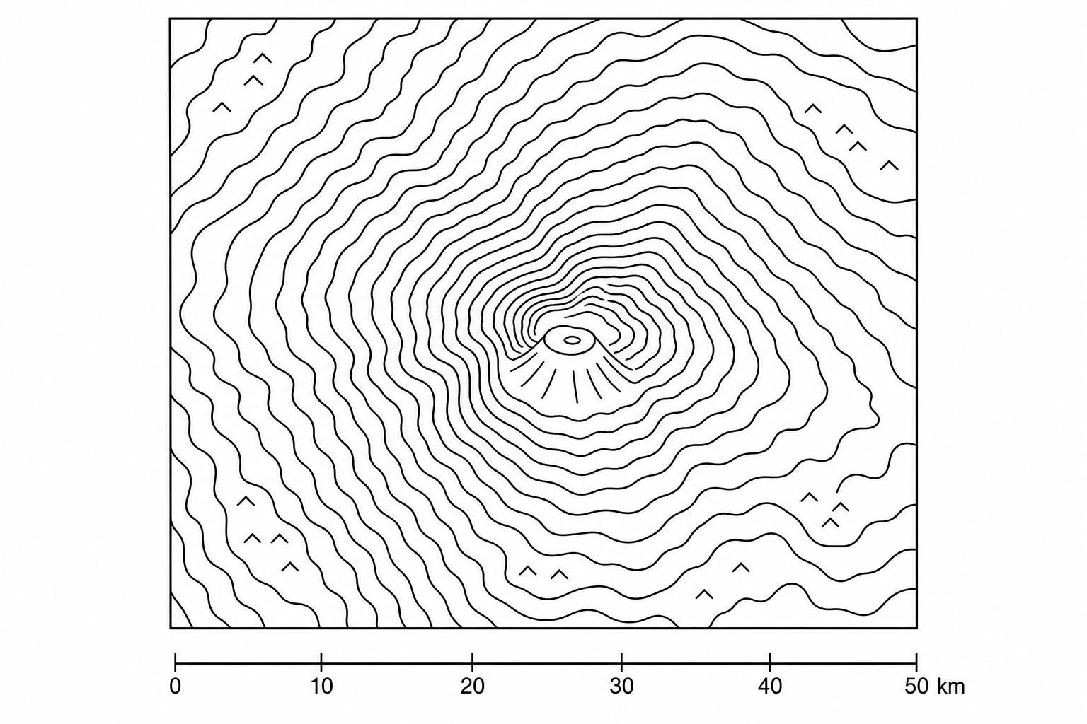 Radar interferogram of a volcanic zone showing periodic ground deformation fringes with a scale bar.