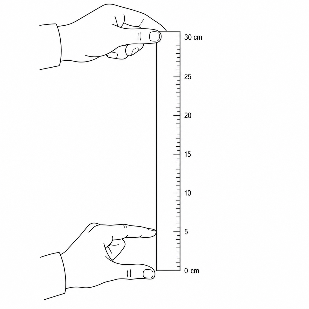 A diagram showing two students performing the ruler drop test. One student holds a 30 cm ruler vertically by the top end. The second student's hand is hovered near the bottom of the ruler, prepared to catch it. The fingers of the second student are aligned exactly with the 0 cm mark, which is positioned at the very bottom of the ruler. The scale increases upwards to 30 cm at the top.