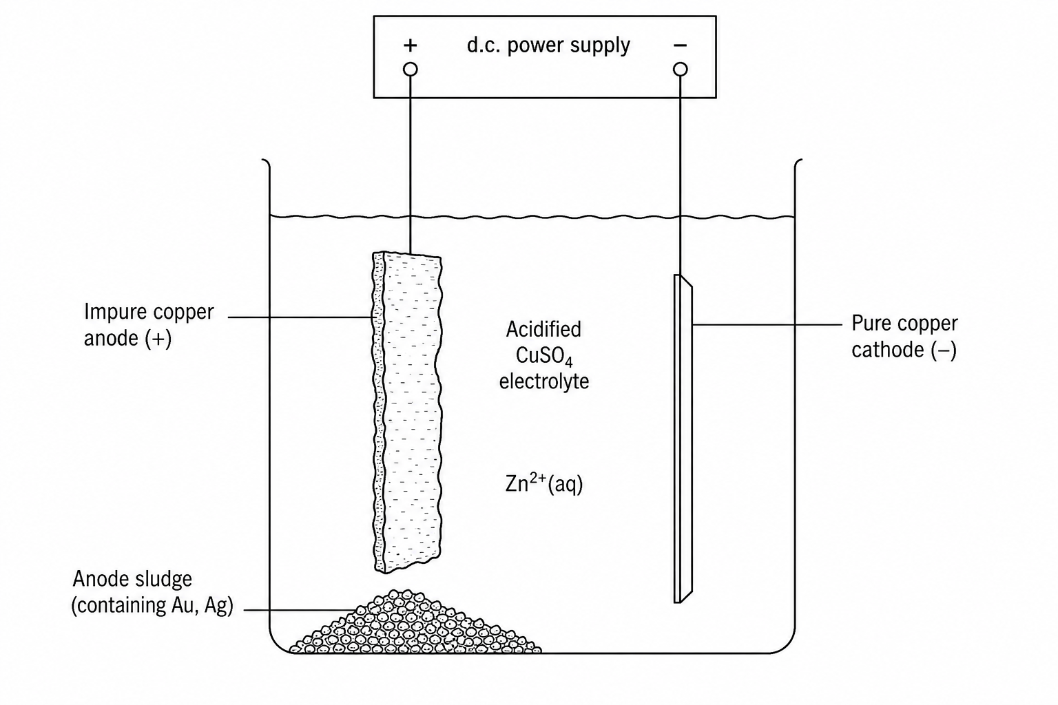 Diagram of a copper electrorefining cell showing the impure copper anode, pure copper cathode, acidified copper(II) sulfate electrolyte, anode sludge containing silver and gold, and zinc ions in solution.