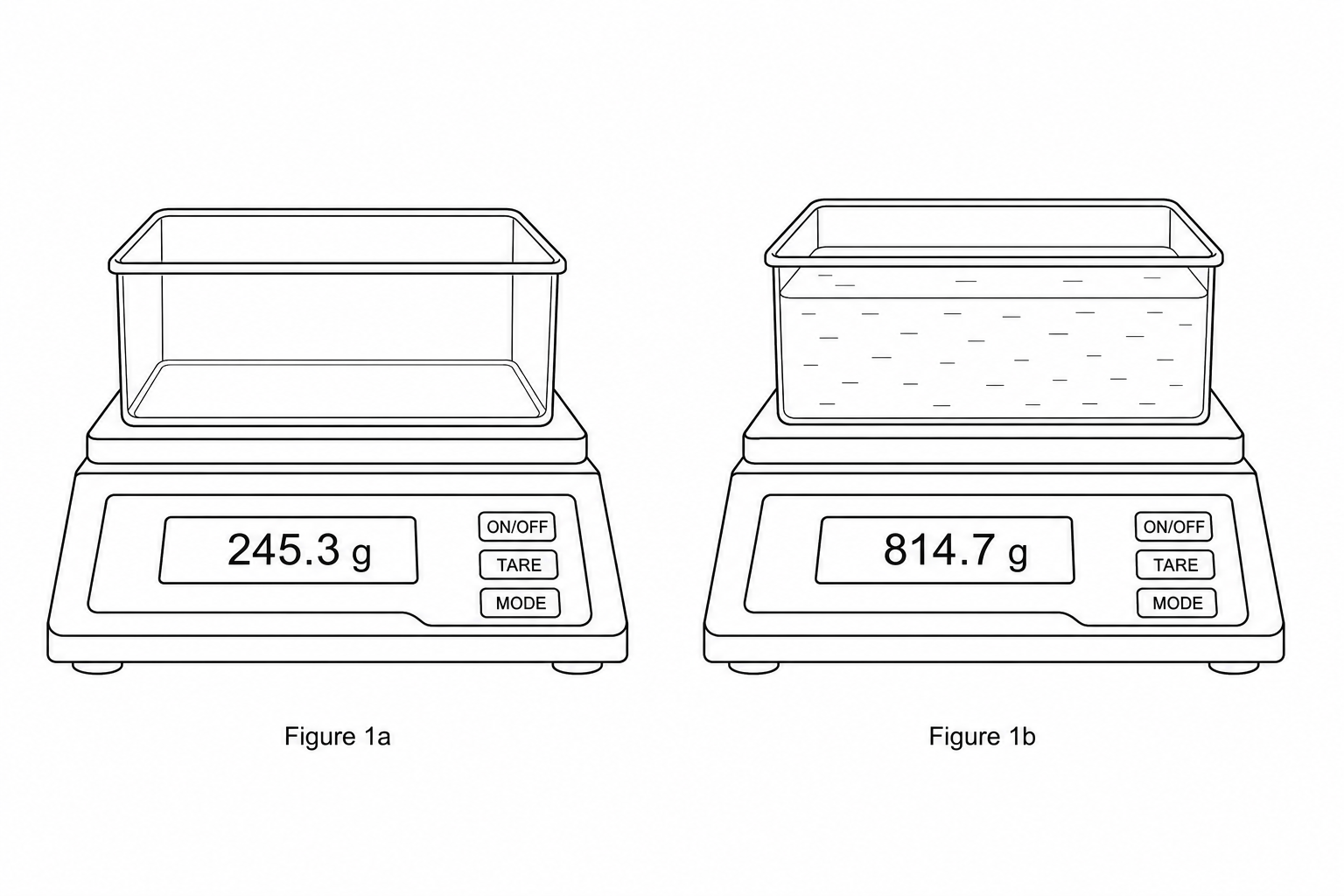 Figure 1a shows an empty rectangular reservoir on a digital balance displaying a reading of 245.3 g. Figure 1b shows the same reservoir filled with dielectric fluid on the digital balance displaying a reading of 814.7 g.