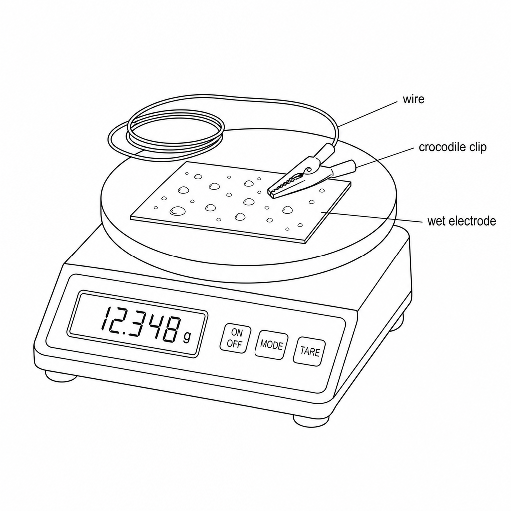 An experimental setup of a wet electrode on a digital balance with wire and crocodile clip attached
