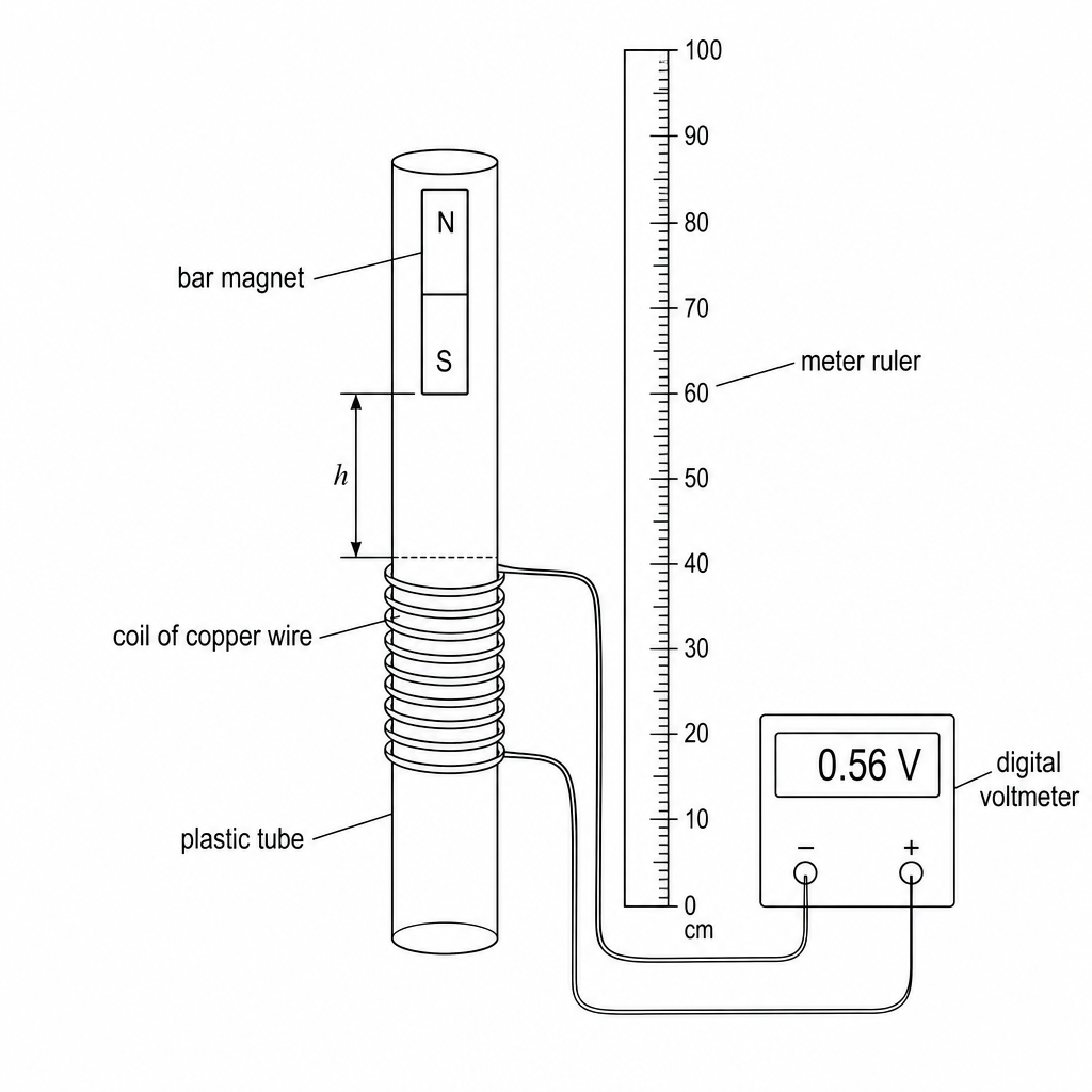 A schematic diagram of the experimental setup. It shows a vertical plastic tube with a coil of copper wire wrapped around its middle section. The two ends of the wire coil are connected to a digital voltmeter. A bar magnet is held vertically above the coil at a release height, h, which is measured using an adjacent vertical meter ruler.