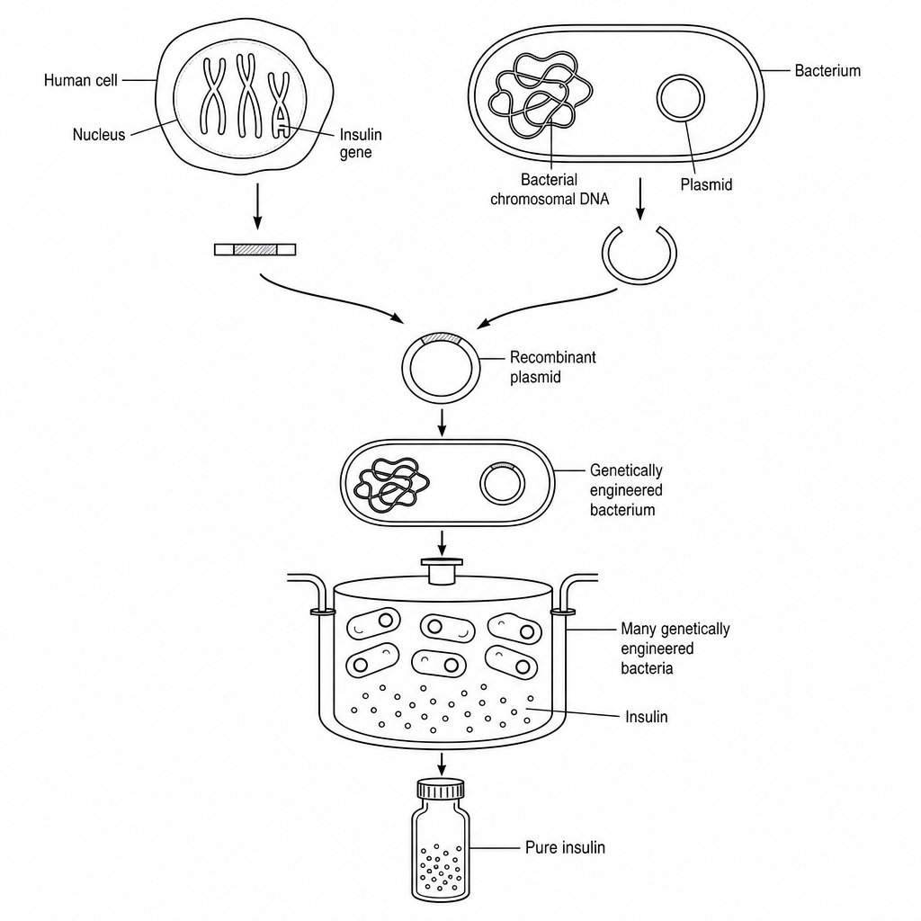 Diagram showing the process of genetic engineering to produce human insulin.