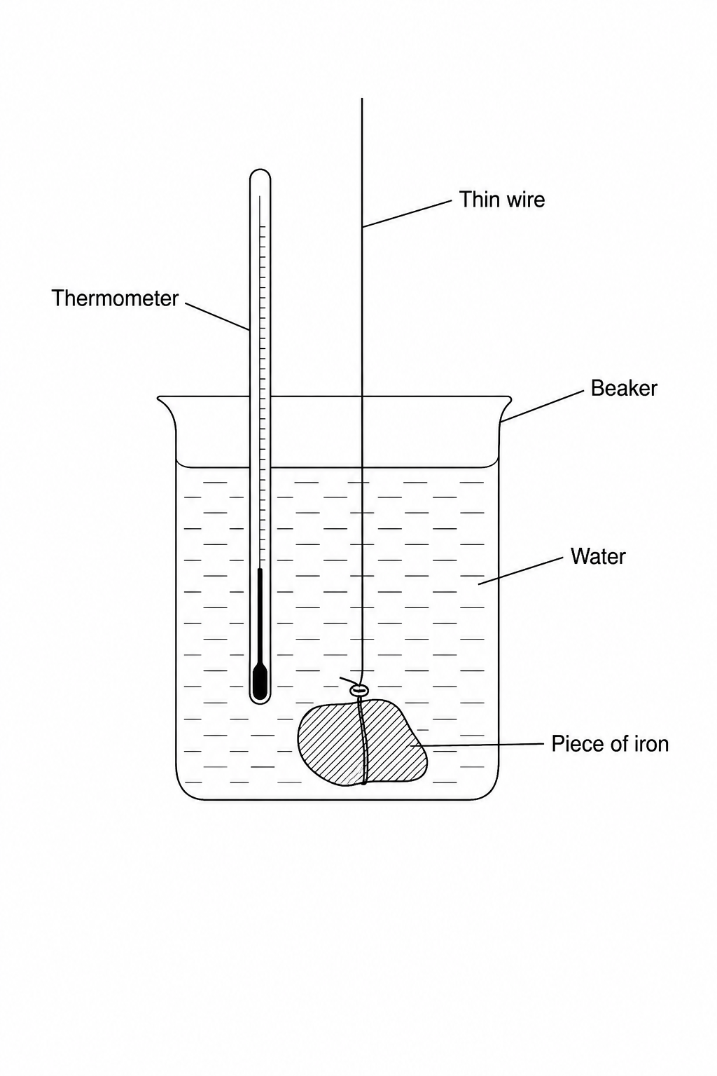 A diagram showing a glass beaker containing water at room temperature. A piece of iron is submerged in the water. An glass thermometer is placed in the water to measure the temperature. A wire is tied around the iron and extends out of the beaker.