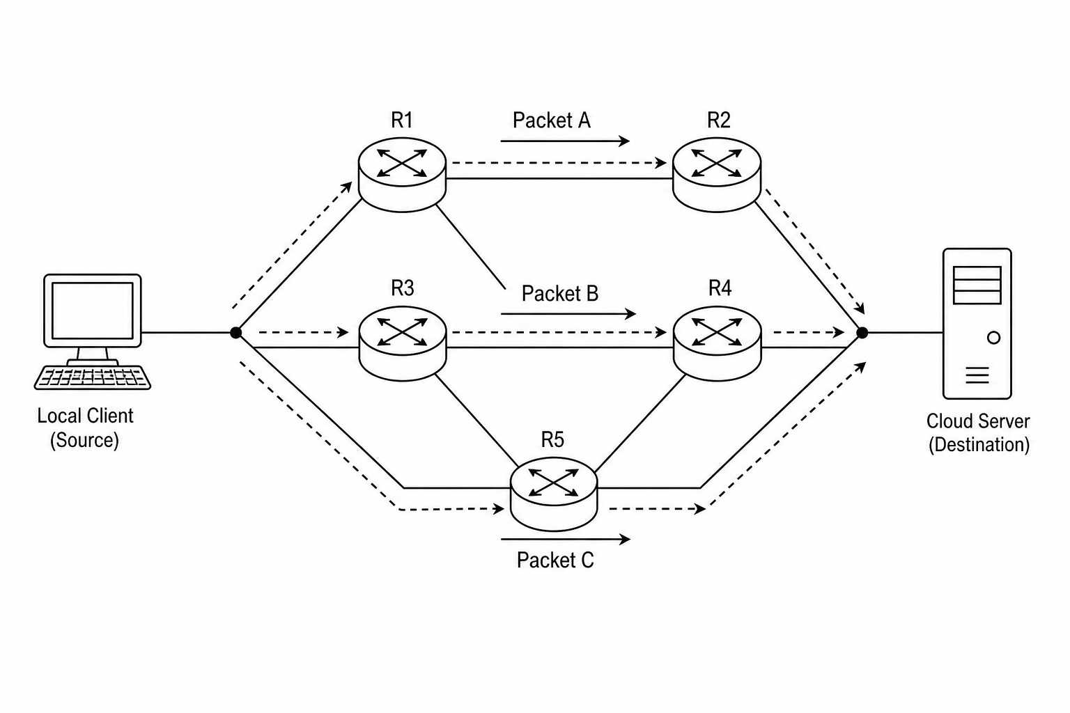 Interconnected network of routers directing data packets