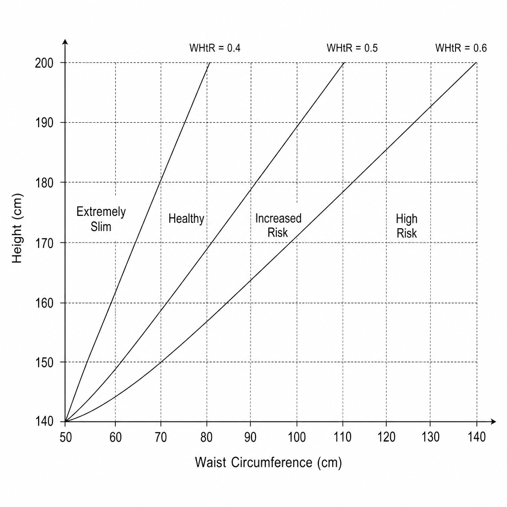 A graph showing Waist-to-Height Ratio (WHtR) categories for adults.