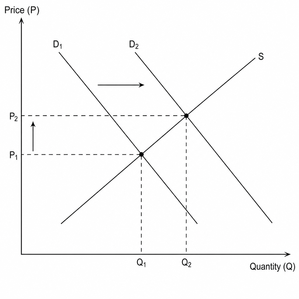 A standard microeconomic supply and demand diagram showing the market for oats. The vertical axis is labeled Price (P) and the horizontal axis is labeled Quantity (Q). An upward-sloping supply curve (S) is crossed by an initial downward-sloping demand curve (D1) at equilibrium price P1 and quantity Q1. A second demand curve (D2) lies to the right of D1, representing a shift to the right. The new intersection of S and D2 establishes a higher equilibrium price P2 and a higher equilibrium quantity Q2. Arrows point from D1 to D2, showing the increase in demand, and from P1 to P2, showing the rise in price.