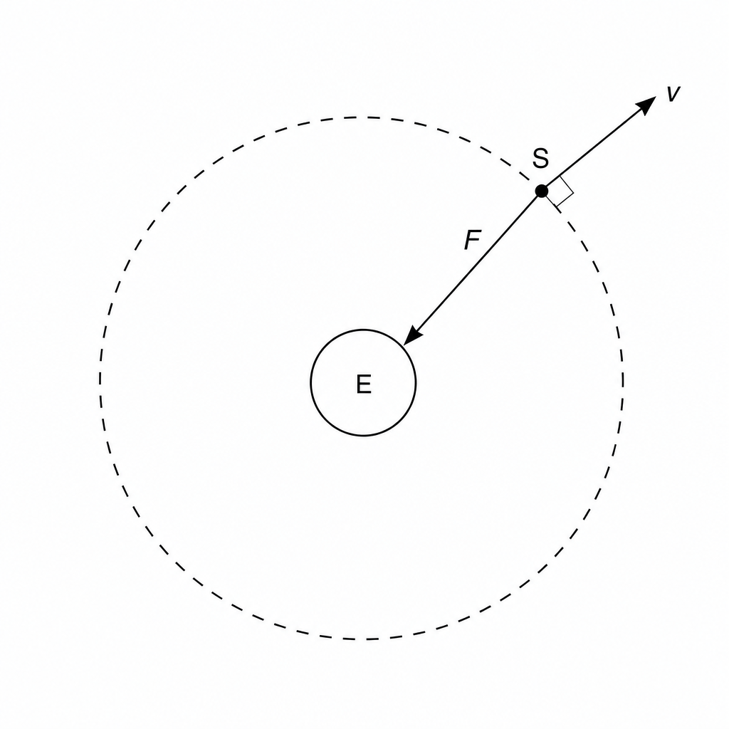 A satellite in circular orbit around Earth, showing tangential velocity v and perpendicular gravitational force F.
