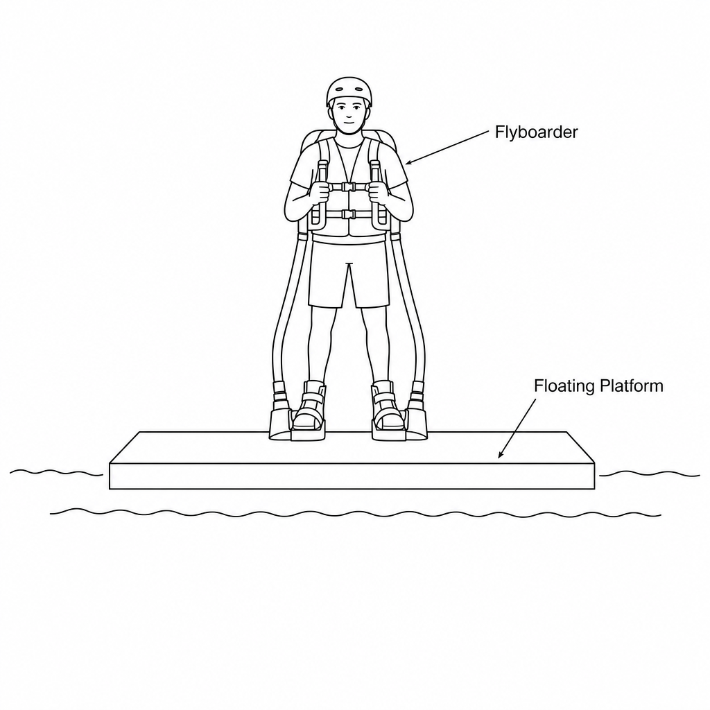 Flyboarder standing stationary on a floating platform