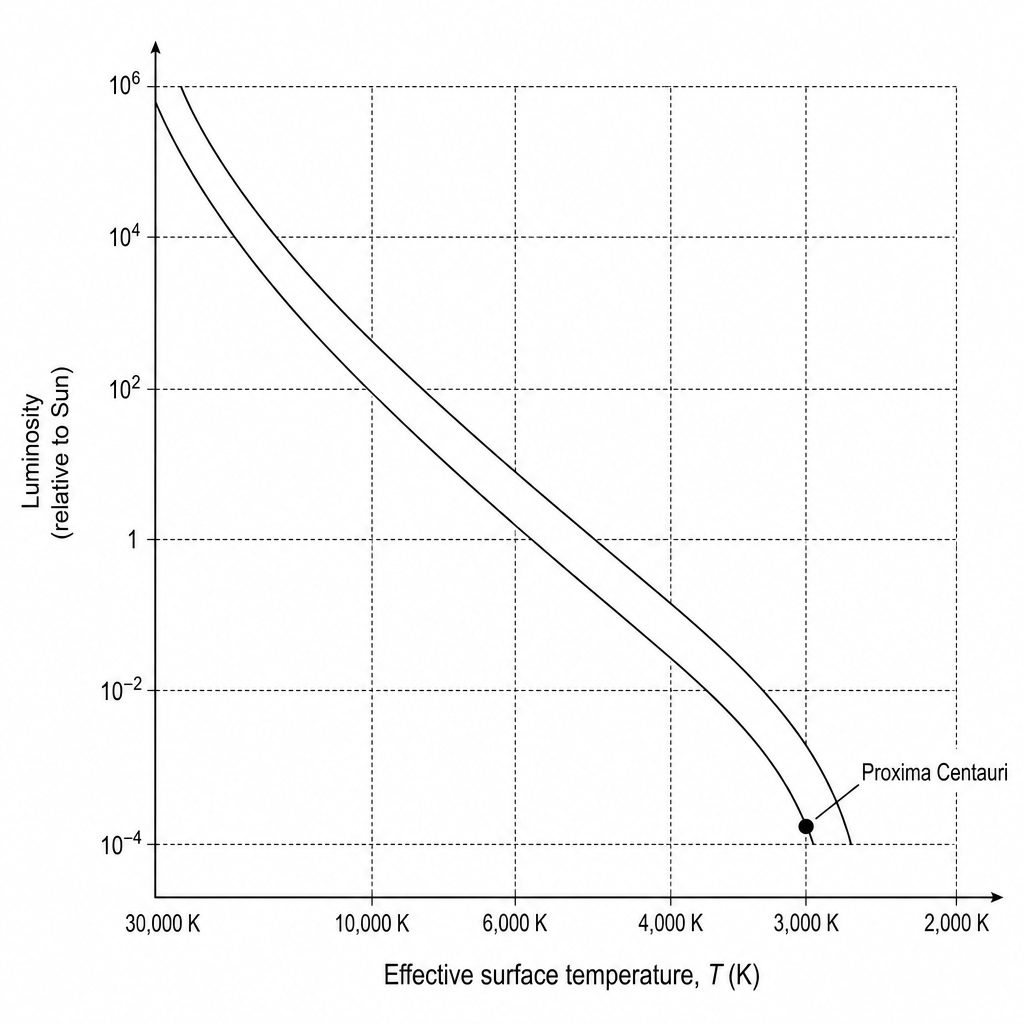 A simplified Hertzsprung-Russell (H-R) diagram with Proxima Centauri plotted on the main sequence.