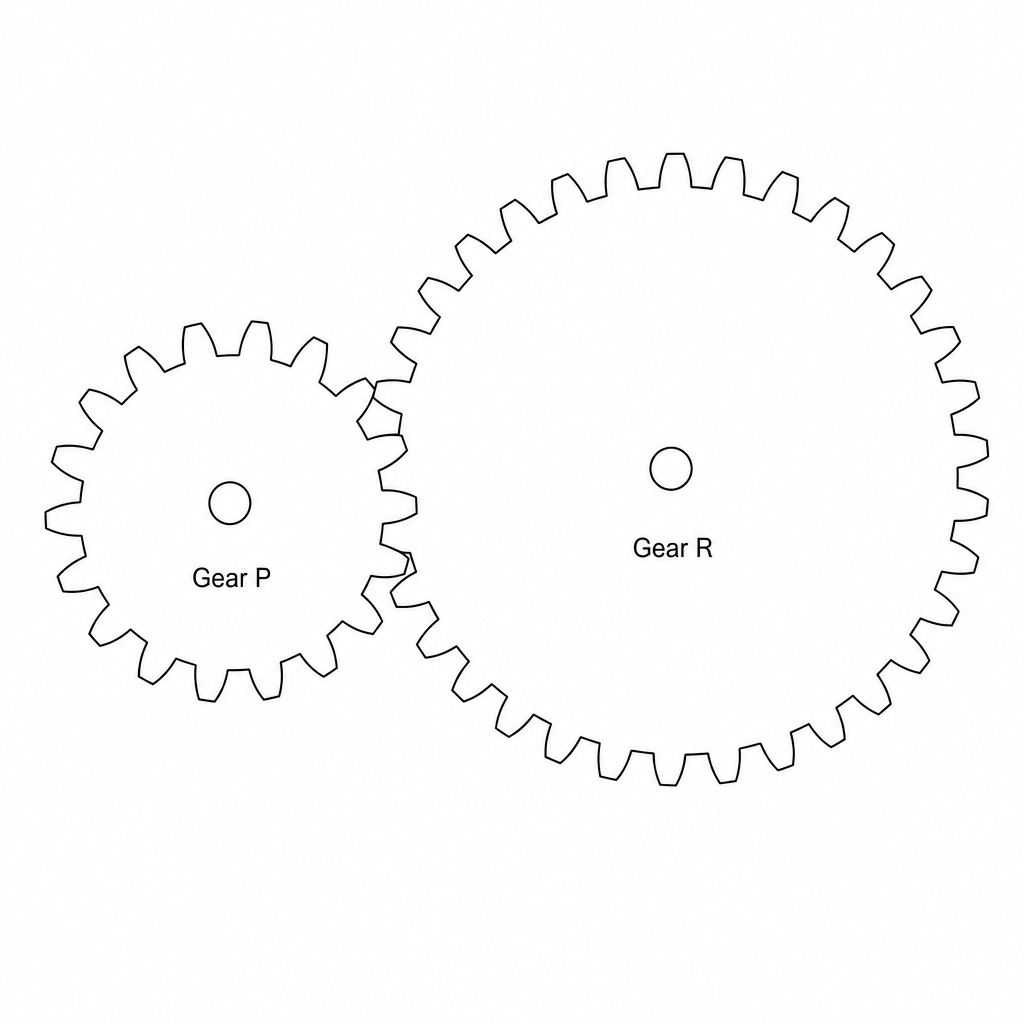 Two meshing gears, gear P and gear R. Gear P is the smaller gear and Gear R is the larger gear, with their teeth interlocking at a central meshing point.