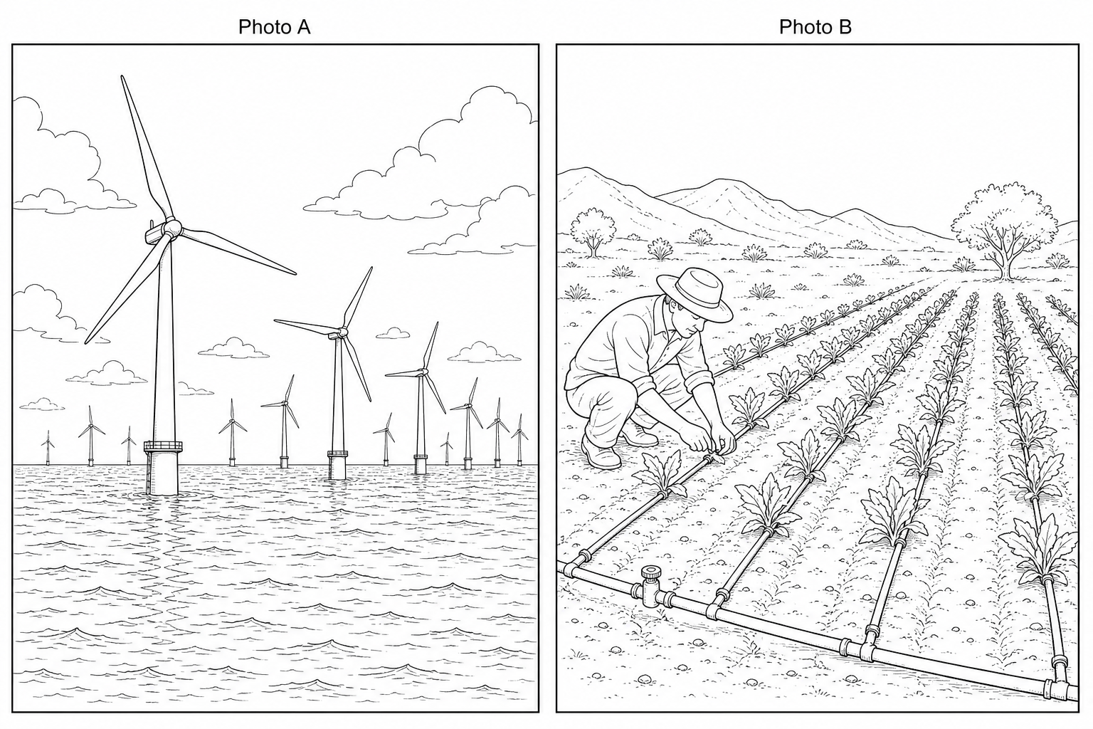 Figure 6: Two different strategies used to manage climate change. Photo A shows an offshore wind farm generating clean energy. Photo B shows a farmer managing a drip irrigation system to grow crops in a dry, semi-arid region.
