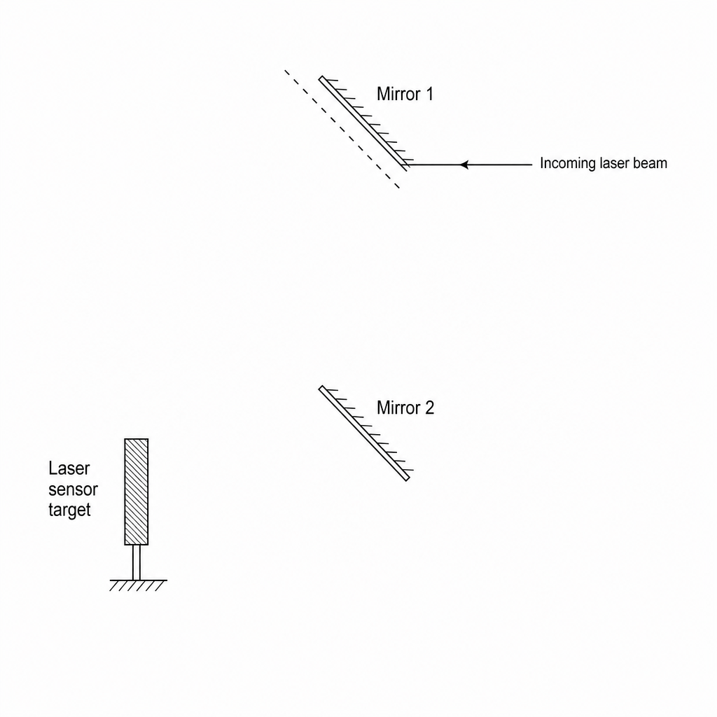 An incomplete ray diagram of a laser alignment system with two flat parallel mirrors. Mirror 1 is at the top, tilted at an angle of 45 degrees. A horizontal incoming laser beam with an arrow pointing to the left strikes the center of Mirror 1. A dashed normal line is drawn perpendicular to Mirror 1 at this point of incidence. Mirror 2 is located directly below Mirror 1, tilted parallel to Mirror 1 at 45 degrees. A laser sensor target is positioned to the left of Mirror 2.