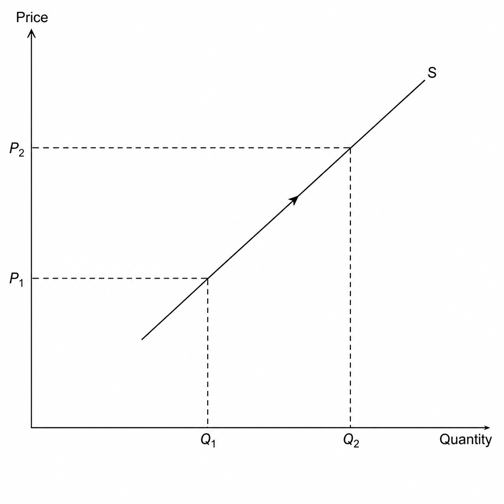 A market diagram showing a stable supply curve S, where price rises from P1 to P2 and quantity rises from Q1 to Q2.