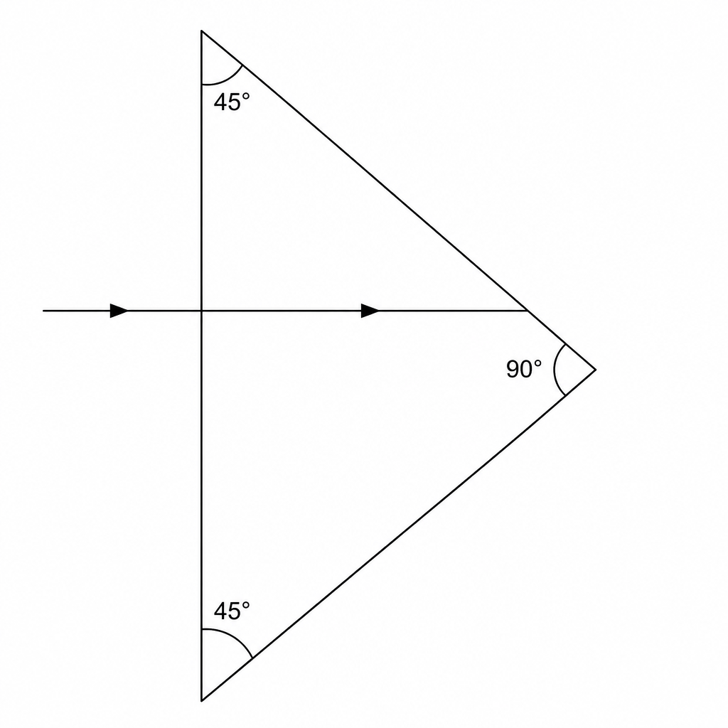 A right-angled isosceles glass prism with its hypotenuse face oriented vertically on the left.