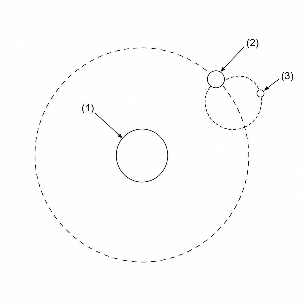 A diagram showing a hierarchical orbital system, not to scale. At the center is a larger black circle with a label line pointing to it, marked (1). A large dashed circle represents its orbital path. On this path, there is a medium-sized black circle with a label line pointing to it, marked (2). Around this medium-sized circle is a smaller dashed circle representing another orbit. On this smaller orbit, there is a small black circle with a label line pointing to it, marked (3).
