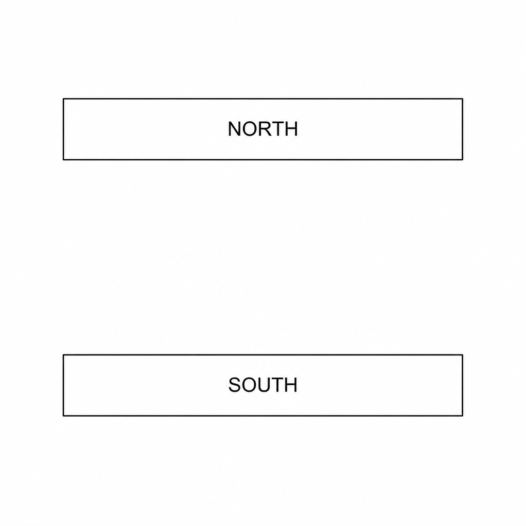 Diagram: A flat rectangular North magnetic pole labeled 'NORTH' positioned horizontally at the top, and an identical flat rectangular South magnetic pole labeled 'SOUTH' positioned horizontally at the bottom, leaving a clear gap between them.