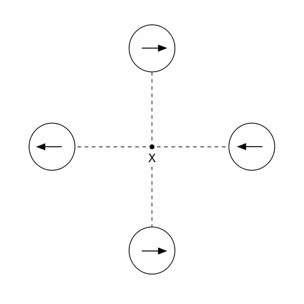 Four magnetic compasses arranged symmetrically at equal distances around a central point X.