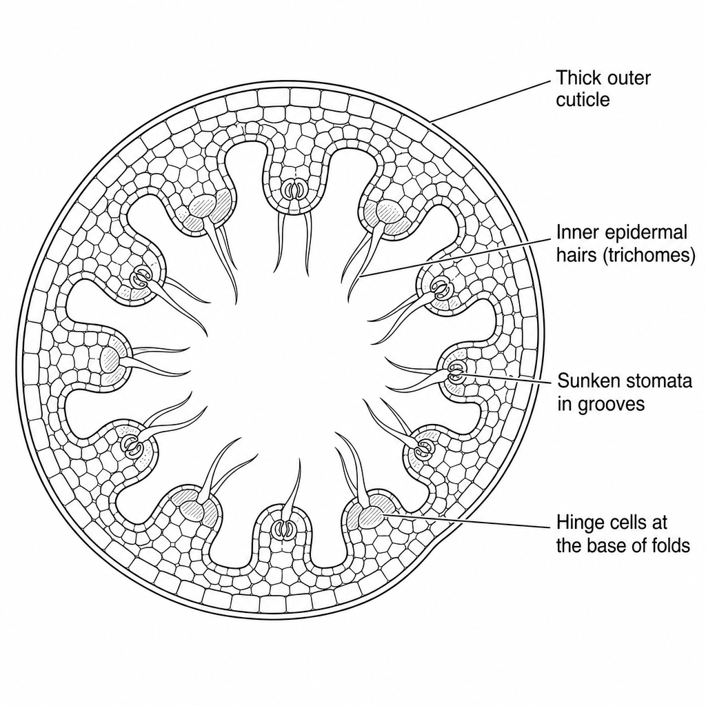 A detailed cross-section diagram of a rolled marram grass leaf showing its specialized xerophytic adaptations.