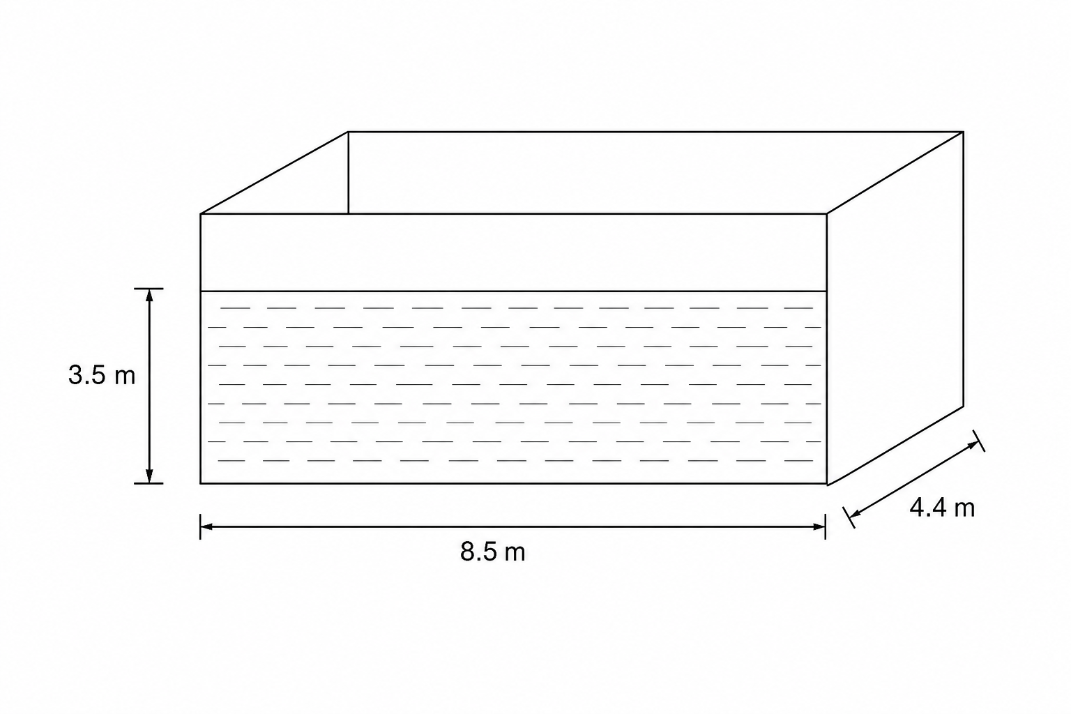 A 3D schematic diagram of a rectangular ballast tank partially filled with liquid.