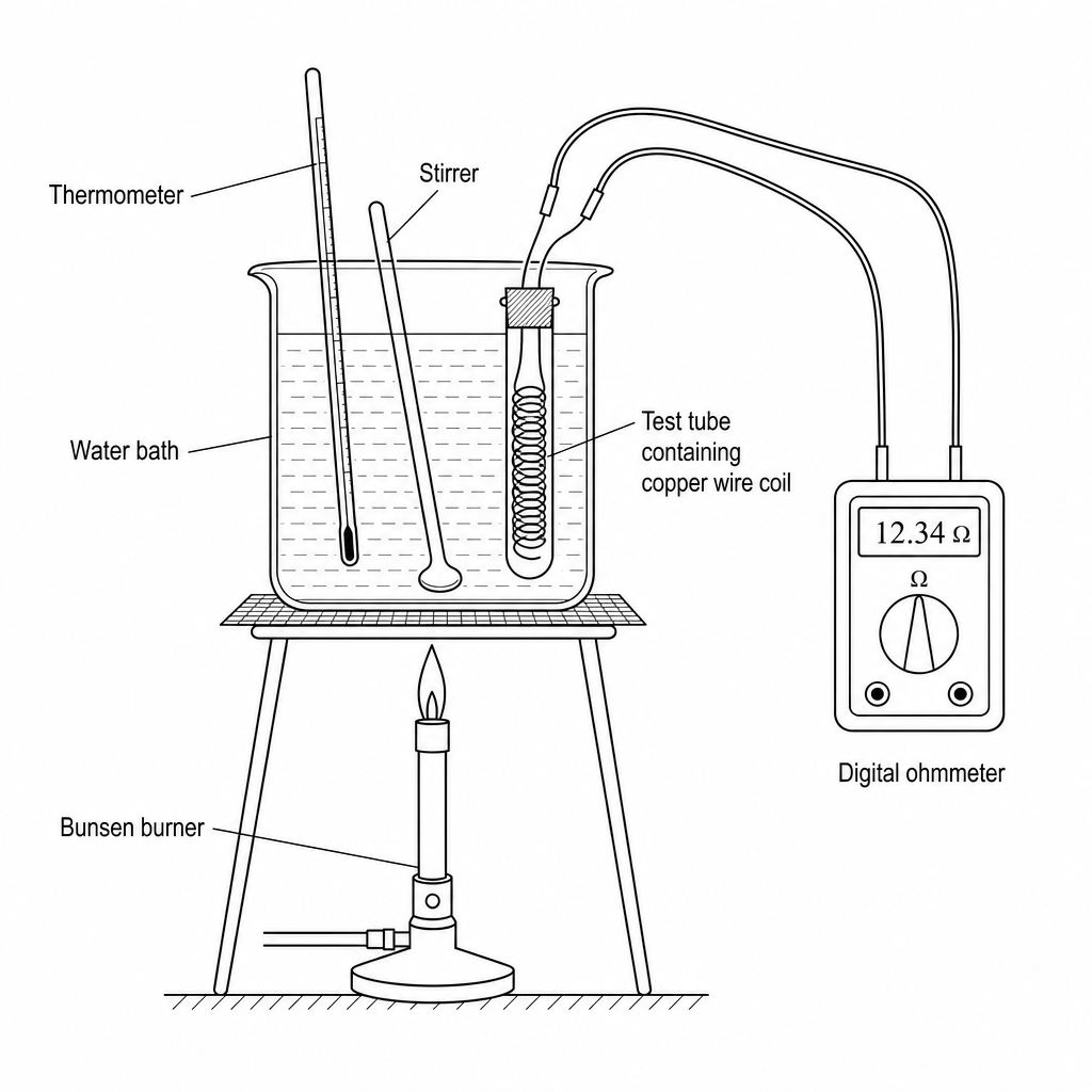 An experimental setup showing a glass beaker filled with water (a water bath) placed on a tripod and gauze above a Bunsen burner. Inside the water bath, there is a glass stirrer, a thermometer, and a sealed test tube containing a coil of copper wire. The copper wire leads extend out of the tube and are connected to a digital ohmmeter showing a resistance reading.