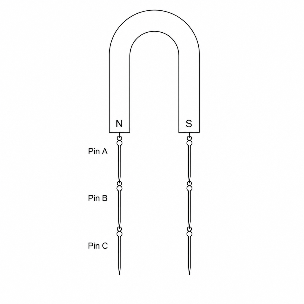 A horseshoe magnet with steel sewing pins hanging from its poles